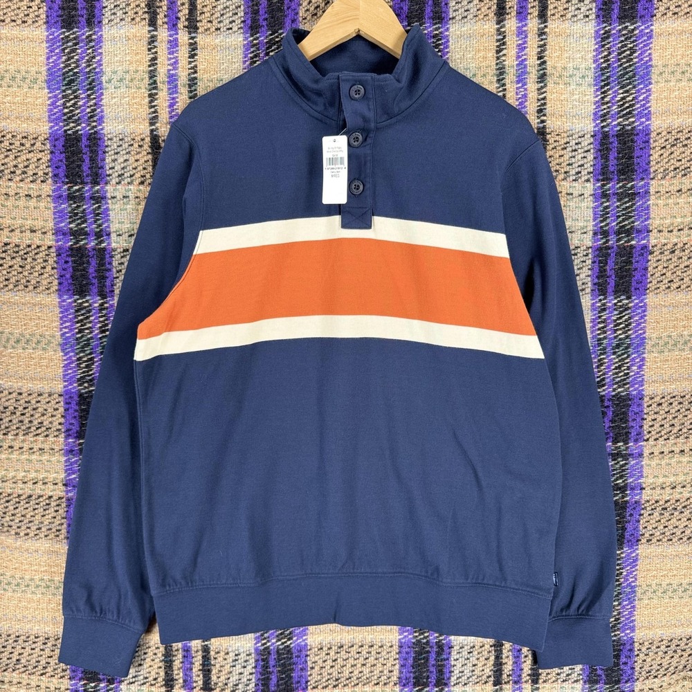 LL Bean Sweatshirt Mens Medium Blue Orange Henley Mock Neck Striped Pullover
